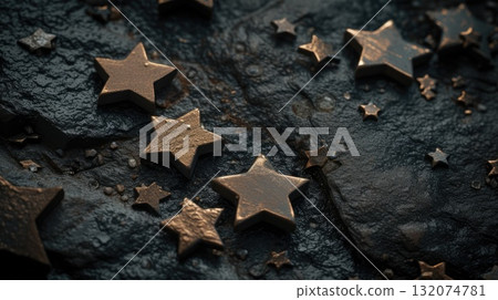 Golden stars scattered on a black stone surface with a golden glitter background 132074781