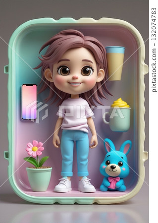 Cheerful 3D Model of a Girl Character Joyfully Standing Inside a Colorful Box with Cute Items Cheerful 3D Model of a Girl Character Joyfully Standing Inside a Colorful Box with Cute Items 132074783