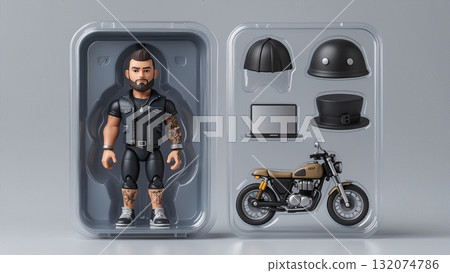 Action Figure Playset with Motorcycle, Laptop, and Hats, Customizable Toy Concept 132074786
