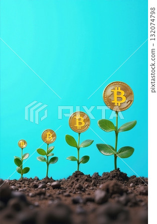 Growing Bitcoin concept of investment growth. Bitcoin plants growing in soil on blue backdrop. 132074798
