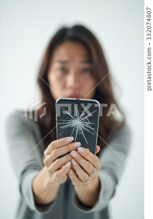 Frustrated woman holding broken smartphone with cracked screen, repair service concept 132074807