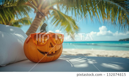 Pumpkin with sunglasses placed on a beach lounge chair, surrounded by palm trees and ocean waves, creating a fun and festive Halloween atmosphere with a tropical twist Pumpkin with sunglasses placed on a beach lounge chair, surrounded by palm trees and ocean waves, creating a fun and festive Halloween atmosphere with a tropical twist 132074815