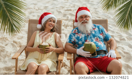 Santa Claus and Mrs Claus relaxing on a tropical beach, enjoying coconut drinks while wearing festive hats, embodying holiday cheer and vacation vibes 132074821