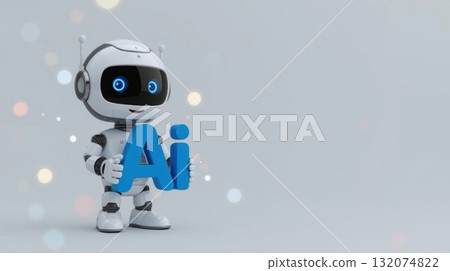 Friendly 3D robot character holding blue letters representing AI technology, surrounded by soft glowing lights, showcasing innovation and creativity in artificial intelligence and digital advancements Friendly 3D robot character holding blue letters representing AI technology, surrounded by soft glowing lights, showcasing innovation and creativity in artificial intelligence and digital advancements 132074822