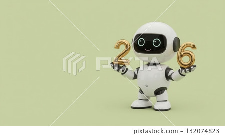 Cute AI robot character holding golden numbers 26, celebrating New Year 2026, with a cheerful expression, set against a soft green background, symbolizing innovation and future technology 132074823