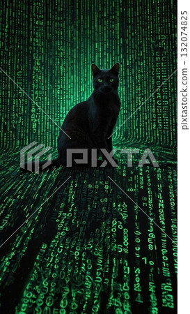 Mysterious black cat with glowing green eyes amidst an intricate green binary code background. Cyber attack concept, online security. Mysterious black cat with glowing green eyes amidst an intricate green binary code background. Cyber attack concept, online security. 132074825