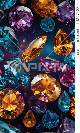 A Magnificent Collection of Colorful Gemstones Featuring Diamonds, Rubies, and Sapphires on Blue A Magnificent Collection of Colorful Gemstones Featuring Diamonds, Rubies, and Sapphires on Blue 132074826