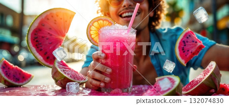 Refreshing Watermelon Slushie Beverage with Tropical Fruits and Smiling Man in Summer Vibes Refreshing Watermelon Slushie Beverage with Tropical Fruits and Smiling Man in Summer Vibes 132074830