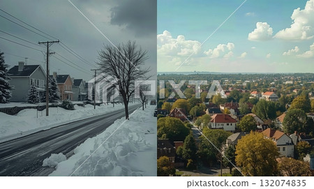 Winter landscape with snow-covered houses after the heavy snowstorm and bare trees on one side, contrasting with vibrant green trees and blue sky on the other side 132074835