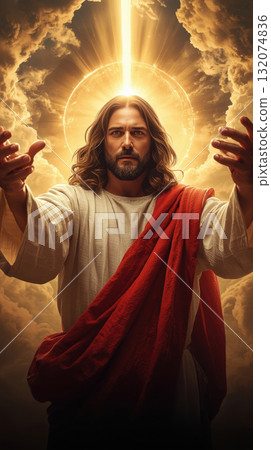 Spiritual figure with flowing hair and robe, extending arms towards radiant light, symbolizing hope and divine connection in a celestial atmosphere 132074836