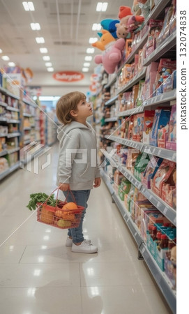 Child gazing curiously at colorful toy shelves in a grocery store aisle, surrounded by vibrant products and playful ambiance, exploring childhood wonder Child gazing curiously at colorful toy shelves in a grocery store aisle, surrounded by vibrant products and playful ambiance, exploring childhood wonder 132074838