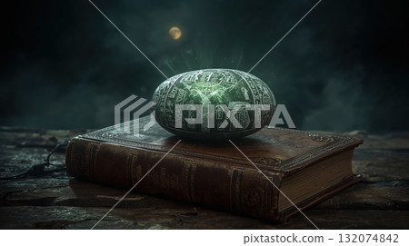 Prophecy stone resting on an ancient book, illuminated by mystical light, surrounded by a dark atmospheric setting evoking mystery and intrigue Prophecy stone resting on an ancient book, illuminated by mystical light, surrounded by a dark atmospheric setting evoking mystery and intrigue 132074842