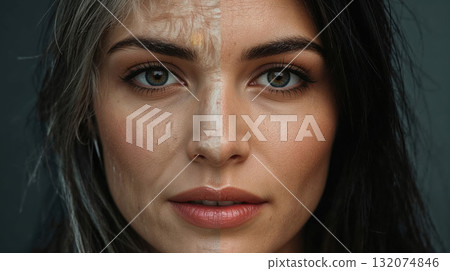 Young womans face split in half, showcasing contrasting features of youth and age, emphasizing the passage of time and beauty in diversity Young womans face split in half, showcasing contrasting features of youth and age, emphasizing the passage of time and beauty in diversity 132074846