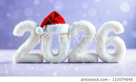 Fluffy 2026 New Year Numbers with Santa Hat on Lavender Bokeh Background for Festive Season. 132074848