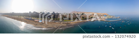 Aerial view of the Chorrillos boardwalk in Lima. Panoramic 132074920