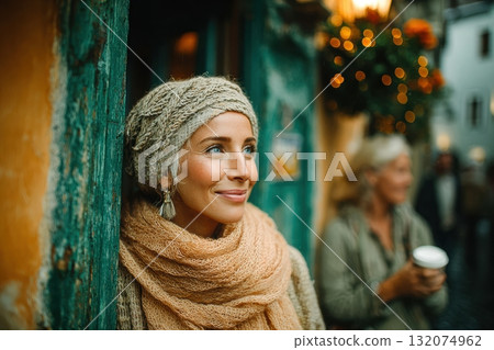 Smiling woman with cozy scarf and hat near colorful building in autumn 132074962