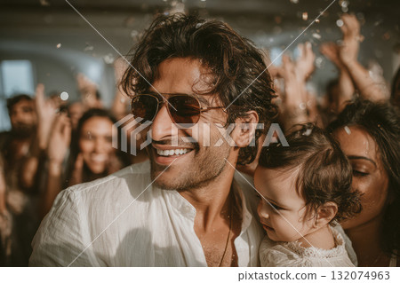 Smiling man with sunglasses holding baby at joyful celebration event 132074963