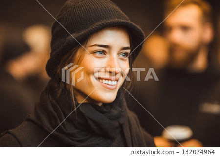 Smiling woman wearing black beanie and scarf in warm indoor setting Smiling woman wearing black beanie and scarf in warm indoor setting 132074964