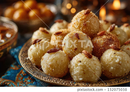 Traditional sweet dessert balls arranged on ornate plate with nuts Traditional sweet dessert balls arranged on ornate plate with nuts 132075038
