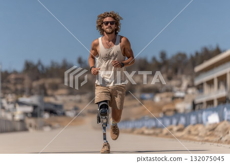 Athletic man with prosthetic leg running on outdoor track in sunny weather Athletic man with prosthetic leg running on outdoor track in sunny weather 132075045