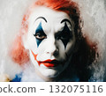 A sad harlequin clown stands solemnly, showcasing a unique makeup design with blue and red accents. The background is blurred, adding to the emotional atmosphere Generative AI 132075116