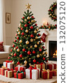 A beautifully decorated Christmas tree filled with ornaments stands near a warm fireplace Generative AI 132075120