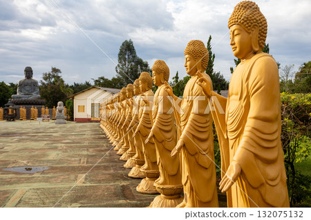 row of golden Buddha statues standing in silent contemplation at the Chen Tien Buddhist Temple in Foz do Iguacu, Brazil. row of golden Buddha statues standing in silent contemplation at the Chen Tien Buddhist Temple in Foz do Iguacu, Brazil. 132075132