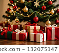 Gift boxes wrapped in vibrant colors sit around a beautifully decorated Christmas tree Generative AI 132075147