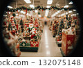 Shoppers explore a retail store aisle filled with Christmas decorations, including colorful trees, ornaments, and cheerful figures, creating a festive atmosphere Generative AI 132075148