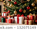 Colorful gift boxes are carefully arranged under a beautifully adorned Christmas tree. The setting features twinkling lights and ornaments, creating a festive atmosphere for New Year Generative AI 132075149
