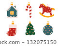 Set of decorations of different shapes: a ball, a house, a Christmas tree, a horse, a sock, a candy cane. Christmas tree decorations vector set isolated from background. 132075150