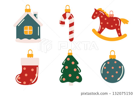 Set of decorations of different shapes: a ball, a house, a Christmas tree, a horse, a sock, a candy cane. Christmas tree decorations vector set isolated from background. 132075150
