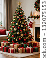 A charming Christmas tree stands in a cozy living room, decorated with red and gold ornaments Generative AI 132075153