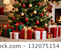 Colorful gift boxes are placed neatly under a Christmas tree adorned with ornaments and twinkling lights, creating a warm and festive atmosphere in a living room Generative AI 132075154