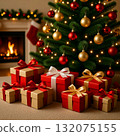 Colorful gift boxes sit under a shimmering Christmas tree adorned with glowing lights and shiny ornaments. A warm fireplace adds to the cozy atmosphere of the room Generative AI 132075155