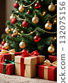 Colorful gift boxes sit beneath a beautifully decorated Christmas tree adorned with shiny ornaments and twinkling lights. The scene captures the spirit of the festive holiday season Generative AI 132075156