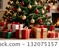 Colorful gift boxes are placed neatly under a festive Christmas tree. Ornaments hang on the branches, and a cozy fireplace adds warmth to the holiday setting Generative AI 132075157