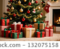 Colorful gifts are arranged neatly under a decorated New Year tree. The tree is adorned with ornaments, while a cozy fireplace adds warmth to the festive atmosphere Generative AI 132075158