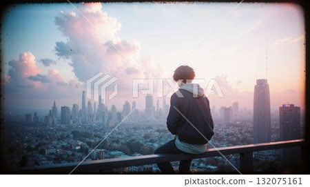 Young man watching city sunset from rooftop edge Young man watching city sunset from rooftop edge 132075161