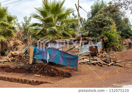 Scene of poverty in a rural Ethiopian village, showing a simple dwelling and tropical vegetation in Fenote Selam. Scene of poverty in a rural Ethiopian village, showing a simple dwelling and tropical vegetation in Fenote Selam. 132075220