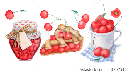 Watercolor cherry dessert composition with pie, jam jar and cup of cherries. 132075404