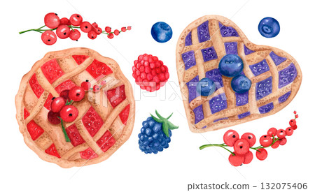 Watercolor berry pies. Blueberry and raspberry tarts. Watercolor berry pies. Blueberry and raspberry tarts. 132075406