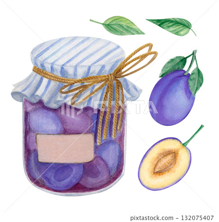 Watercolor plum jam jar clipart 132075407