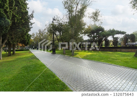 the gardens along the Baku seaside National park in Baku, Azerbaijan 132075643