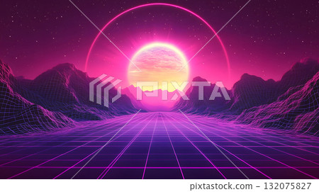 Retro vaporwave background with neon grid and nostalgic 80s style. 132075827
