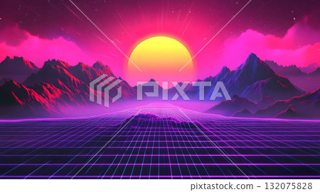 Retro vaporwave background with neon grid and nostalgic 80s style. 132075828