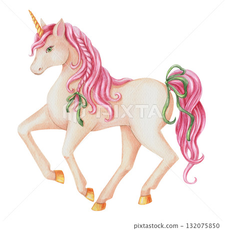 Magical watercolor unicorn with pink mane and ribbon hand drawn with sparkling glitter and pencil texture. Cute fairytale design for kids. Perfect for Christmas card poster and other seasonal art. 132075850