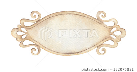 Oval paper banner plate hand drawn in watercolor with sparkling glitter and pencil texture. Fantasy beige empty blank with soft festive glow. Perfect for Christmas card poster and other seasonal art. 132075851