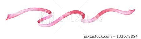 Long pink wavy ribbon hand drawn in watercolor with sparkling and shimmering pencil texture. Elegant festive design element for Christmas card or decorative poster and other seasonal project. 132075854