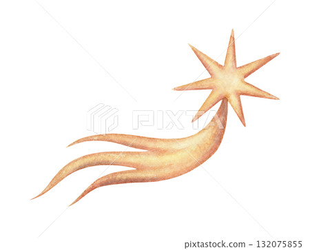 Copper metal comet ornament hand drawn in watercolor with sparkling glitter and pencil texture. Shiny celestial accent with warm metallic glow. Perfect for Christmas card poster and other festive art. 132075855